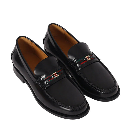 Gucci Men’s Black Leather Loafers with Signature Green and Red Web Stripe