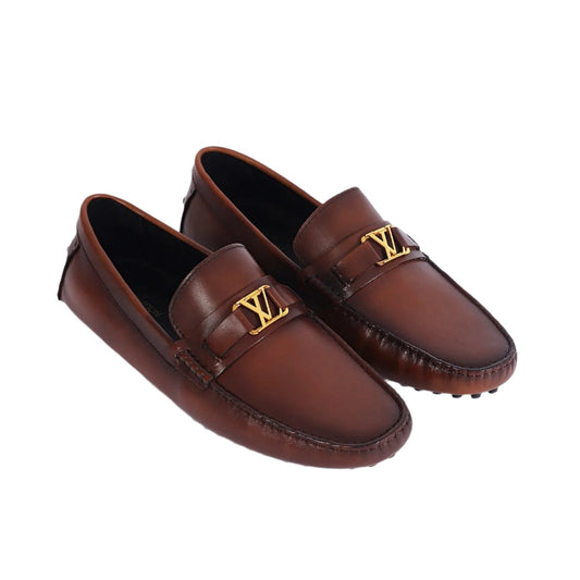 Luxury Louis Vuitton Brown Leather Normal Loafers with Signature Gold LV Buckle - Men's Premium Designer Footwear