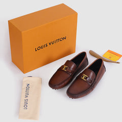 Luxury Louis Vuitton Brown Leather Normal Loafers with Signature Gold LV Buckle - Men's Premium Designer Footwear