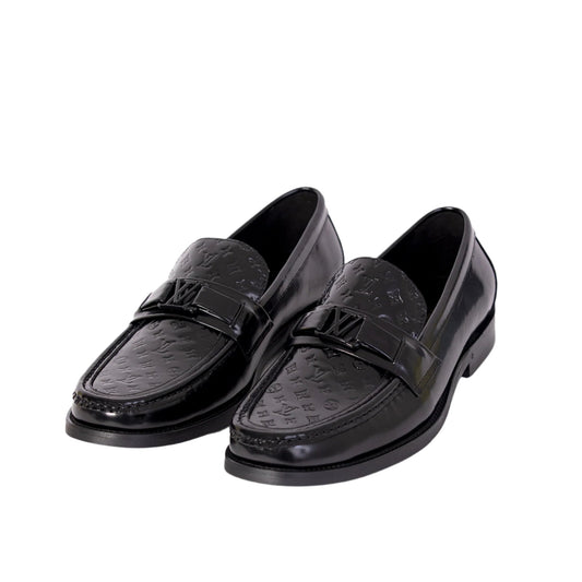 Louis Vuitton Black Patent Major Leather Loafers with Embossed Monogram Design - Men's Premium Designer Shoes