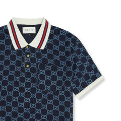 Gucci embroidered double “G”pattern blue polo