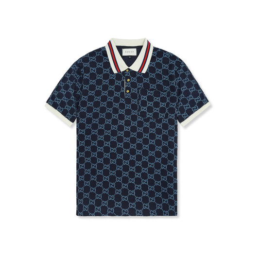 Gucci embroidered double “G”pattern blue polo