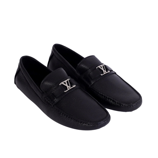 Louis Vuitton Black Leather Loafers with Signature Silver LV Buckle - Men's Luxury Designer Shoes